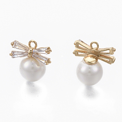 Seashell Color Brass Micro Pave Cubic Zirconia Charms, with Acrylic Imitation Pearl, Nickel Free, Real 18K Gold Plated, Bowknot, Seashell Color, 13x12.5x8mm, Hole: 1.4mm