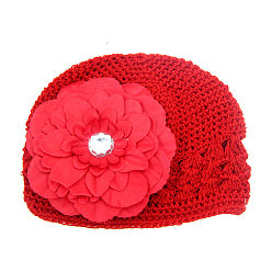 Red Handmade Crochet Baby Beanie Costume Photography Props, with Cloth Flowers, Red, 180mm