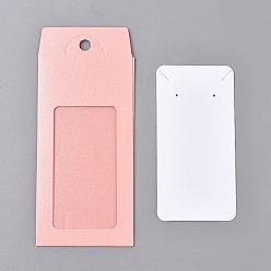 Pink Бумажные коробки, с ожерельем и серьгами для демонстрации ювелирных изделий и прозрачным окном из ПВХ, упаковочные коробки, прямоугольные, розовые, 15.4x6.7x0.1 см, отверстие : 8 мм, окно: 85x44 мм