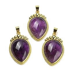 Amethyst Natural Amethyst Pendants, Carrot Charms with Rack Plating Golden Tone Brass Findings, Lead Free & Cadmium Free, 36.5x22.5x7~7.5mm, Hole: 4x6.5mm