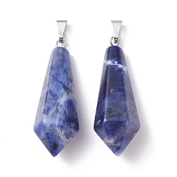 Sodalite Natural Sodalite Pointed Pendants, with Platinum Plated Brass Loops, Bullet, 35.3~38x13~14mm, Hole: 6.5x2.8mm