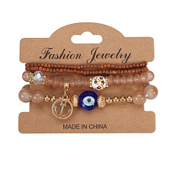 HY-2824-E coffee color Bohemian Anchor Pendant Multi-layer Bracelet with Devil's Eye Glass Bead Elastic Bangle Jewelry