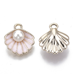 Misty Rose Alloy Pendants, with ABS Plastic Imitation Pearl & Enamel, Shell with Pearl, Light Gold, Misty Rose, 16x15x7mm, Hole: 1.5mm