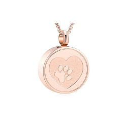 Rose Gold Stainless Steel Flat Round with Paw Print Urn Ashes Pendant Necklace, Memorial Jewelry for Women, Rose Gold, Pendant: 20mm In Diameter