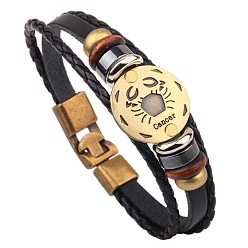Cancer Braided Cowhide Cord Multi-Strand Bracelets, Constellation Bracelet for Men, with Wood Bead & Alloy Clasp, Cancer, 8-1/4 inch(21cm)