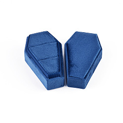 Marine Blue Coffin Shaped 2-Slot Velvet Rings Storage Boxes, Jewelry Case for Double Rings Storage, Marine Blue, 9.2x5.5x4.6cm