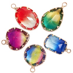 Mixed Color 10Pcs 5 Style Two Tone Transparent Glass Pendants, with Golden Plated Brass Settings, Faceted, Mixed Shape, Mixed Color, 18.5~24x11~15x6.5~8.5mm, Hole: 1.8~2mm, 2pcs/style