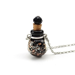 Black Luminous Round Lampwork Perfume Bottle Necklaces, with Titanium Steel Chains, Black, 23.62 inch(60cm), Pendant: 18mm, Capacity: 0.5ml(0.02fl. oz)