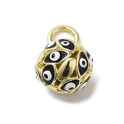 Black Brass Enamel Charms, with Jump Ring, Real 18K Gold Plated, Round with Evil Eye Charm, Black, 12.5x10mm, Hole: 3.6mm