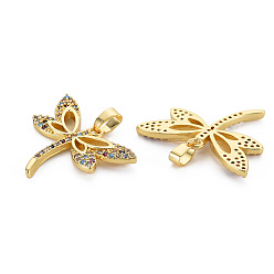 Real 16K Gold Plated Brass Micro Pave Cubic Zirconia Pendants, Nickel Free, Dragonfly, Real 16K Gold Plated, 20.5x27x2.5mm, Hole: 2.5x5mm