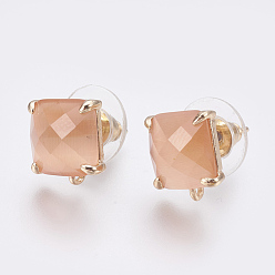 PeachPuff Faceted Glass Stud Earring Findings, with Loop, Light Gold Plated Brass Findings, Square, PeachPuff, 11x10x5mm, Hole: 1mm, Pin: 0.8mm