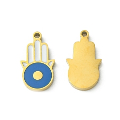 Golden Ion Plating(IP) 304 Stainless Steel Manual Polishing Charms, with Enamel, Hamsa Hand/Hand of Miriam with Evil Eye, Golden, 13.5x7.5x1.5mm, Hole: 1mm