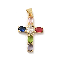 Colorful Rack Plating Brass Micro Pave Cubic Zirconia Pendants, Long-Lasting Plated, Lead Free & Cadmium Free, Cross, Real 18K Gold Plated, Religion, Colorful, 29.5x19x3.5mm, Hole: 3.5x4mm