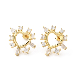 Real 18K Gold Plated Hollow Heart Rack Plating Brass Stud Earrings, with Clear Cubic Zirconia, Lead Free & Cadmium Free, Real 18K Gold Plated, 20x20mm