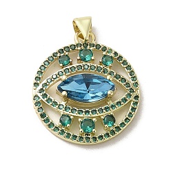 Deep Sky Blue Brass Micro Pave Cubic Zirconia Pendants, with Glass, Real 18K Gold Plated, Flat Round with Eye, Deep Sky Blue, 26x22x5.5mm, Hole: 3.3x3.7mm