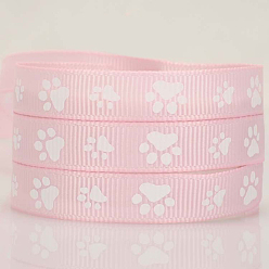 Pink 100 Yards Printed Polyester Grosgrain Ribbons, Garment Accessories, Paw Print Pattern, Pink, 3/8 inch(9mm)
