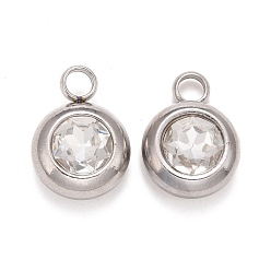 Crystal 304 Stainless Steel Pendants, with K9 Rhinestone, Flat Round, Crystal, 14x10x6mm, Hole: 2.5mm