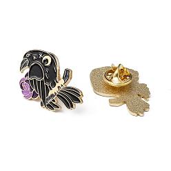 Black Creative Zinc Alloy Brooches, Enamel Lapel Pin, with Iron Butterfly Clutches or Rubber Clutches, Bird with Rose, Golden, Black, 30x20mm, Pin: 1mm