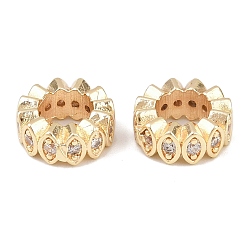 Light Gold Плоские круглые латунные микропаве прозрачные кубические циркониевые европейские бусины, бусины с большим отверстием, стойки покрытие, долговечный, без свинца и без кадмия, золотой свет, 10~10.5x4 мм, отверстие : 6 мм