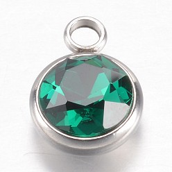 Green 304 Stainless Steel Glass Rhinestone Charms, May Birthstone Charms, Faceted, Flat Round, Green, 14x10x7mm, Hole: 2.5mm