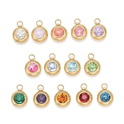 Mixed Color Ion Plating(IP) 304 Stainless Steel Pendants, with K9 Rhinestone, Flat Round, Mixed Color, 14x10x6mm, Hole: 2.5mm