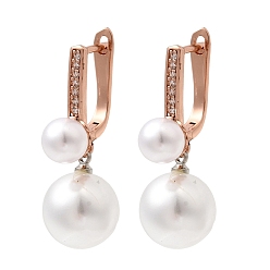 Розовое Золото Серьги-кольца из латуни с микропаве из кубического циркония, с пластмассовой жемчужиной abs, долговечный, стойки покрытие, без свинца и без кадмия, розовое золото , 31x11.5 мм