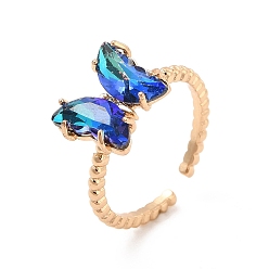 Sapphire K9 Glass Butterfly Open Cuff Ring, Light Gold Brass Jewelry for Women, Sapphire, US Size 5 1/2(16.1mm)