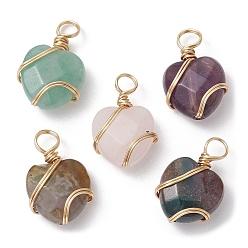 Mixed Stone Natural & Synthetic Mixed Gemstone Coppwer Wire Wrapped Pendants, Faceted Heart Charms, Golden, 15~16x10~10.5x5.5~6mm, Hole: 2.8~3.2mm