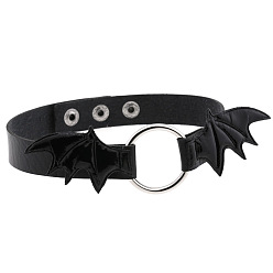 black Unique Punk Bat Wing Leather Collar Necklace with Circular O-Ring and Lock Chain for Statement Style