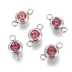 Rose 304 Stainless Steel Rhinestone Links Connectors, Flat Round, Stainless Steel Color, Rose, 12x6.5x4mm, Hole: 2mm