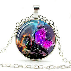 Magenta Dragon Theme Glass Round Pendant Necklace with Alloy Chains, Magenta, 20.47 inch(52cm)