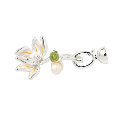 Серебро Застежки-застежки из латуни с эмалью, с пресноводным жемчугом, цветок, серебряные, 36.5 мм