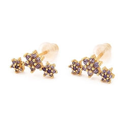 Lilac Brass Micro Pave Cubic Zirconia Stud Earrings, Real 18K Gold Plated, Flower, Lilac, 6.5x12.5mm, Pin: 1mm