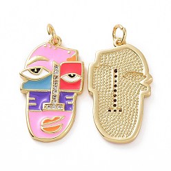 Pink Brass Micro Pave Clear Cubic Zirconia Pendants, Real 18K Gold Plated, with Enamel and Jump Ring, Abstract Face Charms, Pink, 26x15x2mm, Jump Ring: 5x0.8mm, Inner Diameter: 3.2mm