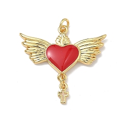 Настоящее золото 18K Латунь эмаль подвески, сердце с крыльями прелести, долговечный, без кадмия и без свинца, стойки покрытие, реальный 18 k позолоченный, 31x32x3 мм, Перейти кольцо: 5x1 мм, внутренний диаметр: 3 мм
