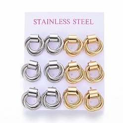 Mixed Color 304 Stainless Steel Stud Earrings, Hypoallergenic Earrings, with Ear Nuts, Golden & Stainless Steel Color, 16.5x16mm, Pin: 0.8mm, 6pairs/card