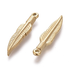 Golden Ion Plating(IP) 304 Stainless Steel Pendants, Feather, Golden, 28.5x6x3mm, Hole: 1.6mm