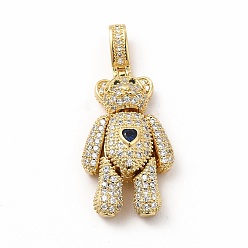 Midnight Blue Rack Plating Brass Micro Pave Cubic Zirconia Pendants, Cadmium Free & Lead Free, Real 18K Gold Plated, Long-Lasting Plated, Mechanical Charm, Bear with Heart Charm, Midnight Blue, 32x17.5x8.5mm, Hole: 3x6.5mm
