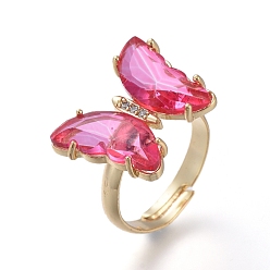 Hot Pink Adjustable Brass Glass Finger Rings, with Clear Cubic Zirconia, Butterfly, Golden, Hot Pink, Size 7, Inner Diameter: 17mm