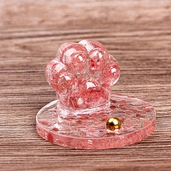 Cherry Quartz Glass Resin Paw Print Mobile Phone Holder, with Cherry Quartz Glass Chips inside for Home Office Decorations, 80x58mm