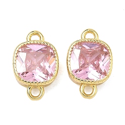 Pink Латунные подвески-коннекторы с квадратными фианитами, инкрустированные кубическим цирконием, золотые, стойки покрытие, без кадмия и без свинца, долговечный, розовые, 12x8x4 мм, отверстие : 1.2 мм