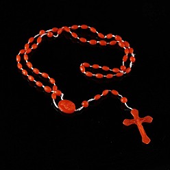 FireBrick Luminous Plastic Rosary Bead Necklace, Glow in the Dark Cross Pendant Necklace for Women, FireBrick, 21.65 inch(55cm)