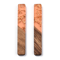Coral Transparent Resin & Walnut Wood Big Pendants, with Gold Foil, Rectangle Charm, Coral, 51.5x7.5x3mm, Hole: 1.8mm