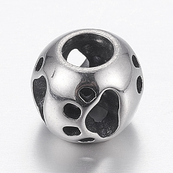 Antique Silver 304 Stainless Steel European Beads, Large Hole Beads, Rondelle with Dog Footprint, Antique Silver, 12x10mm, Hole: 5mm