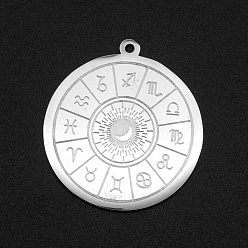 Stainless Steel Color 201 Stainless Steel Pendants, Laser Cut, Flat Round with Constellation, Stainless Steel Color, 27.5x25x1mm, Hole: 1.4mm