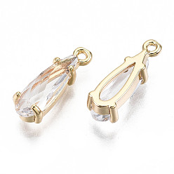 Clear Brass Charms, with Glass, Teardrop, Faceted, Real 18K Gold Plated, Nickel Free, Clear, 14x5x4mm, Hole: 1mm