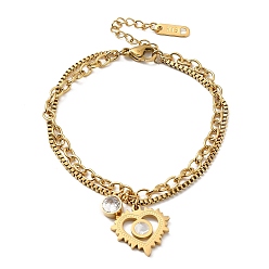 Golden Ion Plating(IP) 304 Stainless Steel Box & Cable Chains Double Layer Multi-strand Bracelets, Cubic Zirconia & Natural Shell Heart Charms Bracelet, Golden, 6-3/4 inch(17cm)