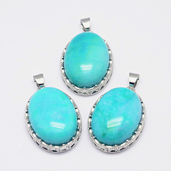 Natural Agate Natural Agate Pendants, Imitation Amazonite, with Brass Findings, Oval, Dyed, Platinum, 30x21x10~11mm, Hole: 6x4mm