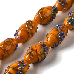 Orange Handmade Lampwork Beads, Rice wit Flower, Orange, 23x12~13mm, Hole: 1.6mm