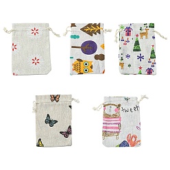 Mixed Color 10Pcs 5 Styles Printed Polycotton(Polyester Cotton) Packing Pouches Drawstring Bags, Rectangle, Mixed Color, 14x10cm, 2pcs/style
